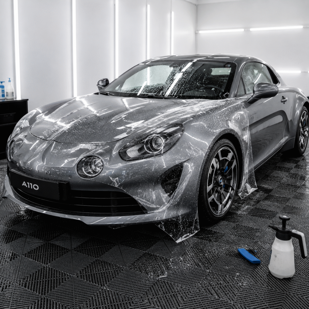 Pose d'un film de protection carrosserie PPF sur une Alpine A110 GTS dans notre atelier de Clermont-Ferrand
