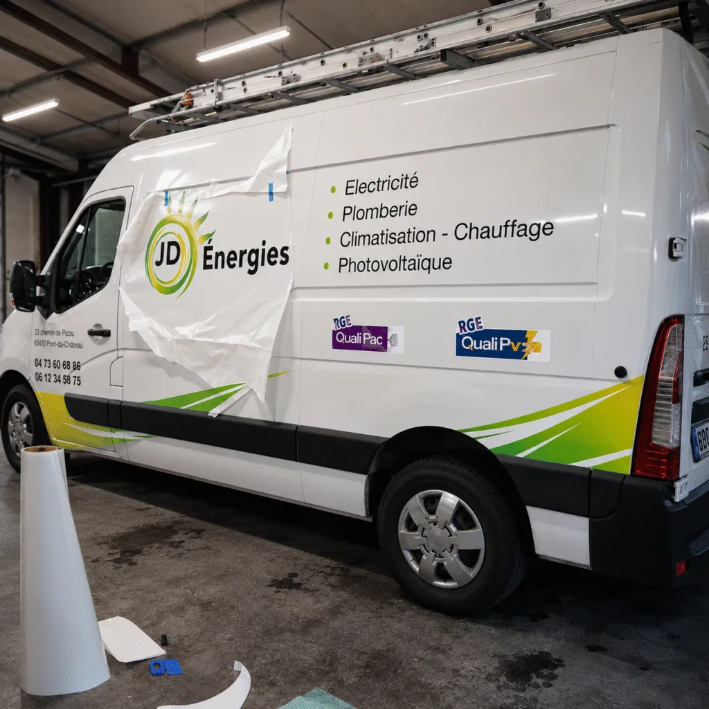 Pose en cours d'un marquage publicitaire sur utilitaire Nissan NV400 dans l'atelier ADA Signalétique