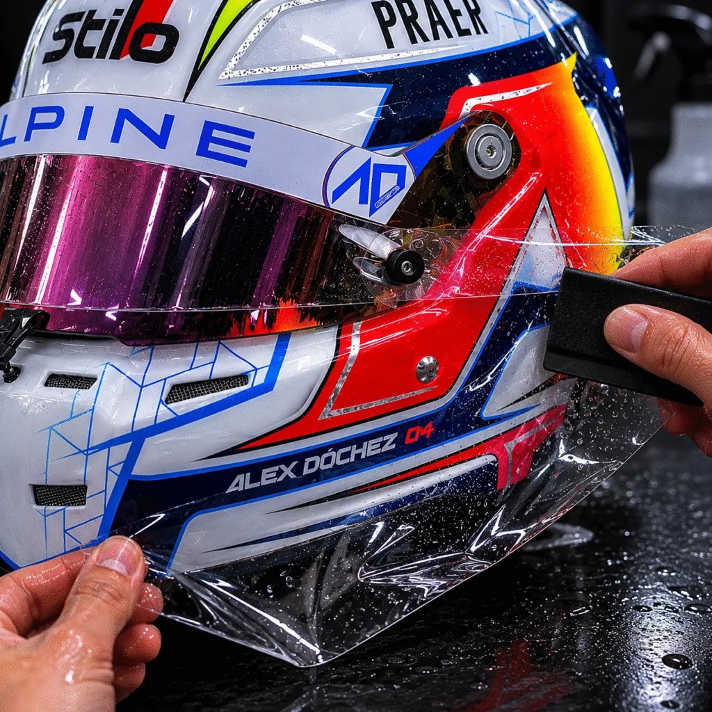 Application d'un film de protection PPF transparent sur un casque automobile personnalisé dans l'atelier ADA Signalétique