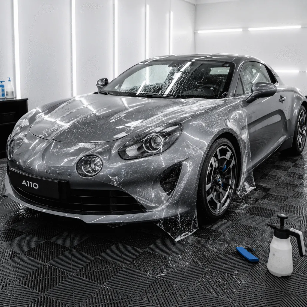 Pose d'un film de protection carrosserie PPF sur une Alpine A110 GTS dans notre atelier de Clermont-Ferrand