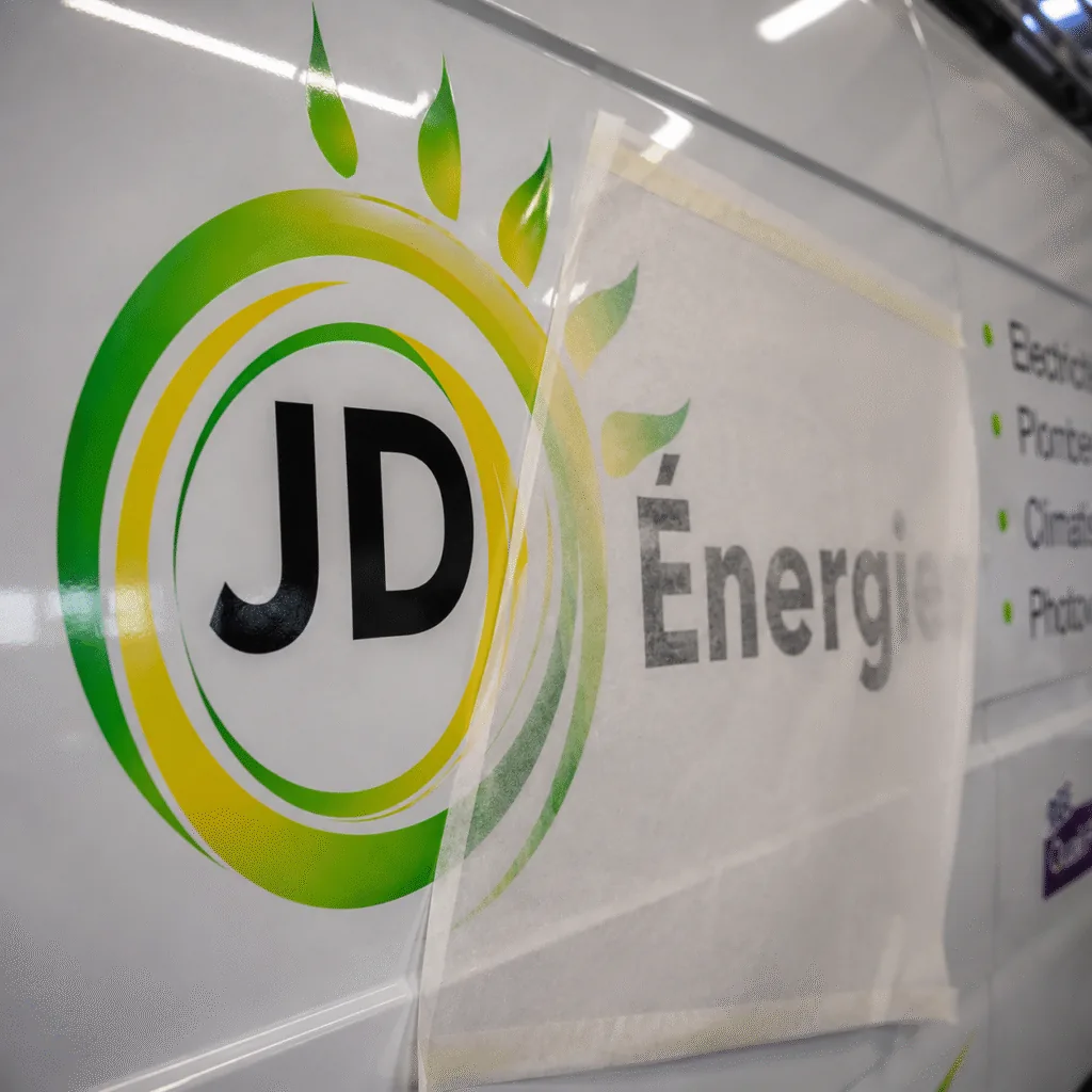 Pose en cours du logo JD Énergies sur un utilitaire professionnel dans l'atelier ADA Signalétique