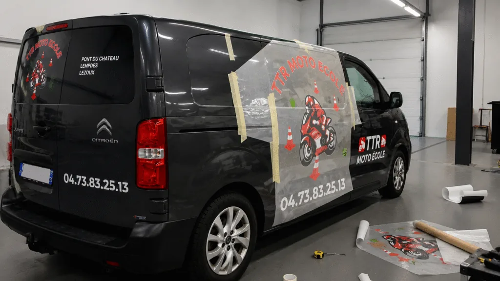 Pose d'un marquage publicitaire sur un Citroën Jumpy TTR Moto École dans l'atelier ADA Signalétique près de Clermont-Ferrand