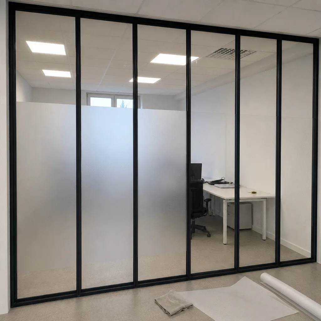 Application de film dépoli sur des cloisons vitrées de bureaux afin d'améliorer la confidentialité des espaces de travail