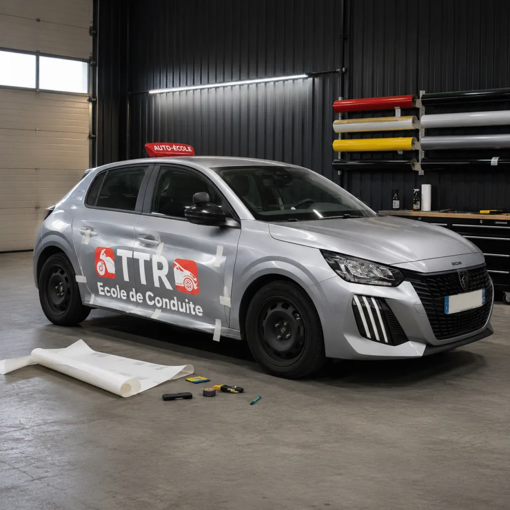 Pose en cours d’un marquage publicitaire sur Peugeot 208 auto-école dans l’atelier ADA Signalétique.