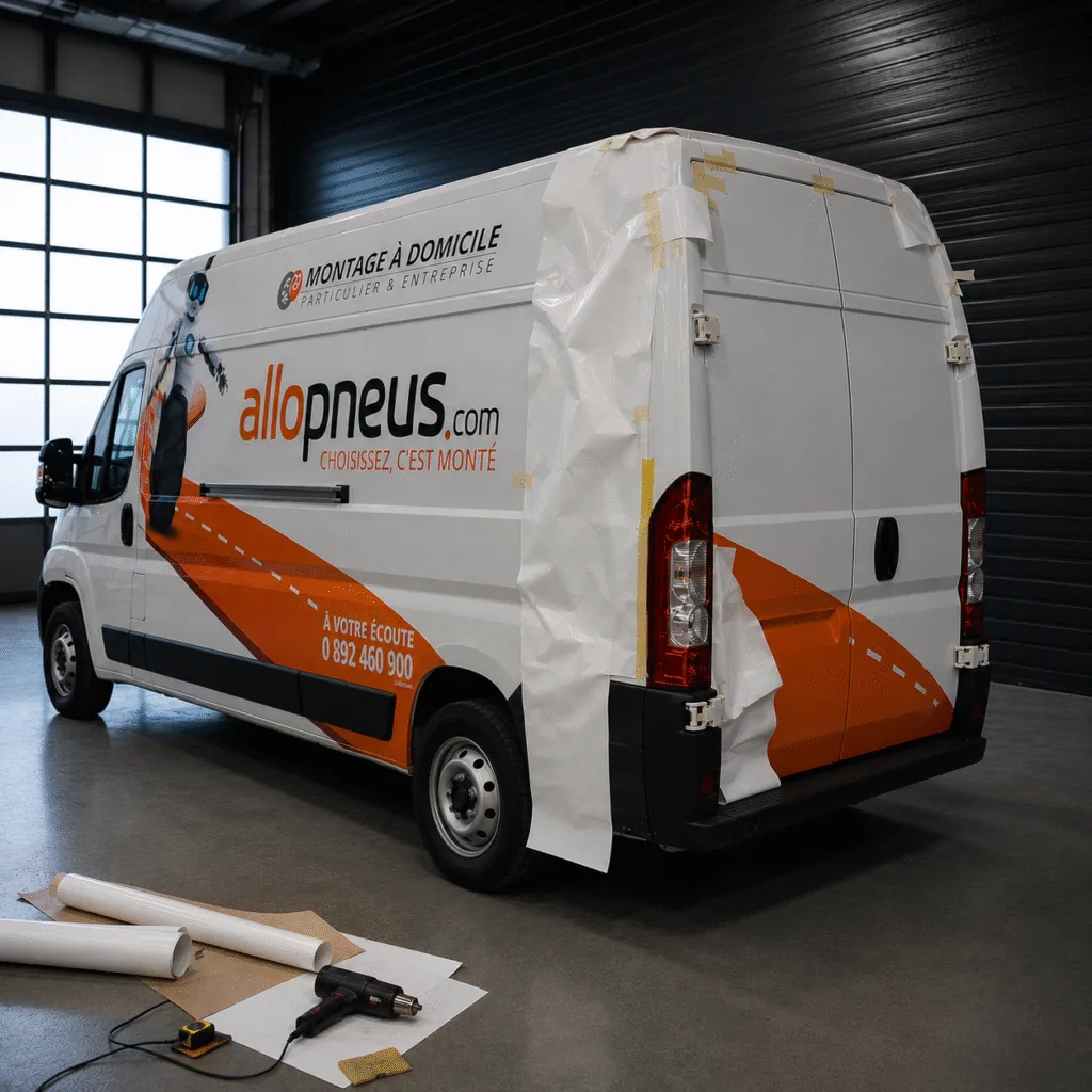 Application d’un semi-covering publicitaire sur Fiat Ducato Allopneus dans l’atelier ADA Signalétique