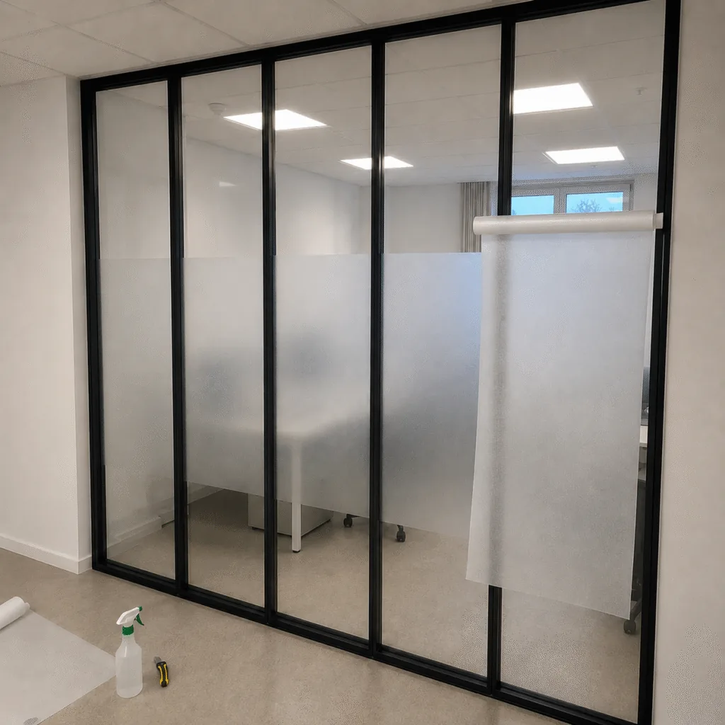 Pose de film dépoli sur des cloisons vitrées de bureaux avec préparation et installation en cours