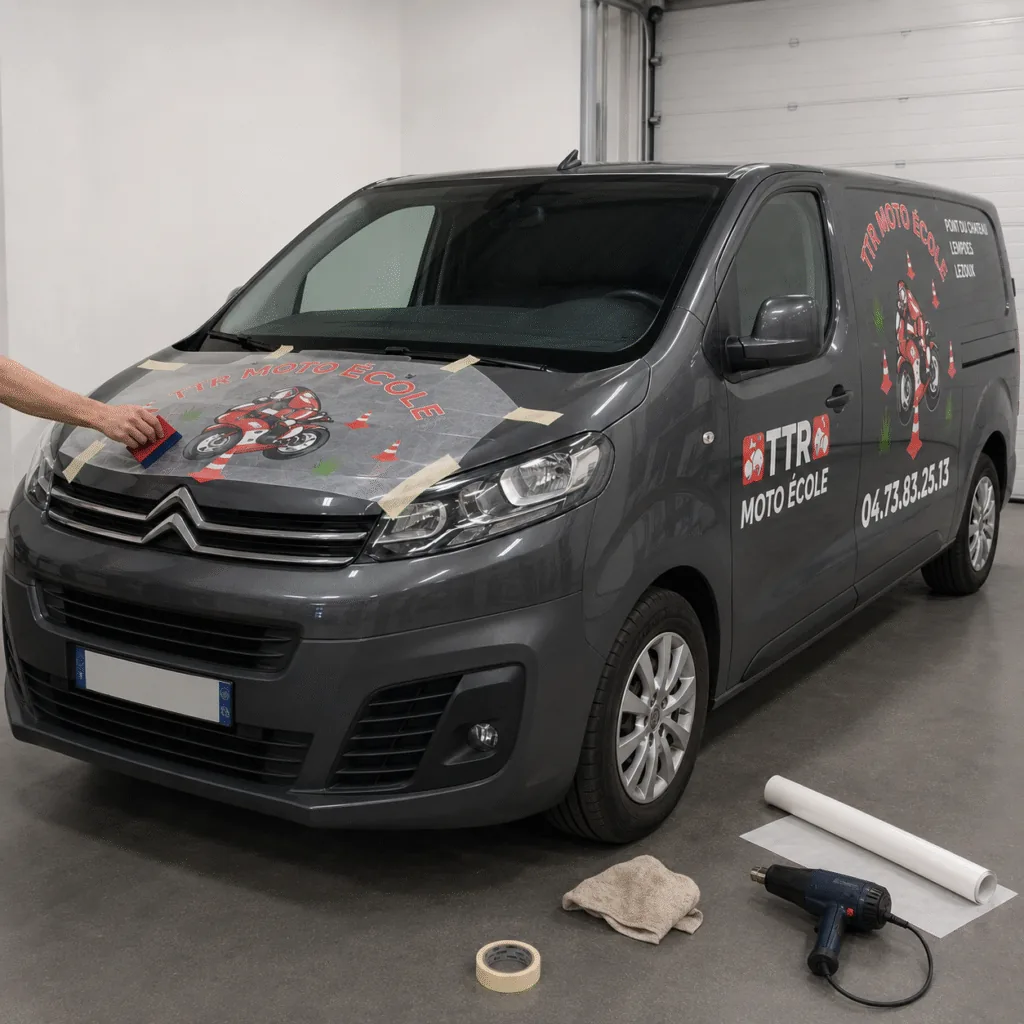 Application du marquage adhésif sur le capot d'un Citroën Jumpy TTR Moto École dans l'atelier ADA Signalétique près de Clermont-Ferrand