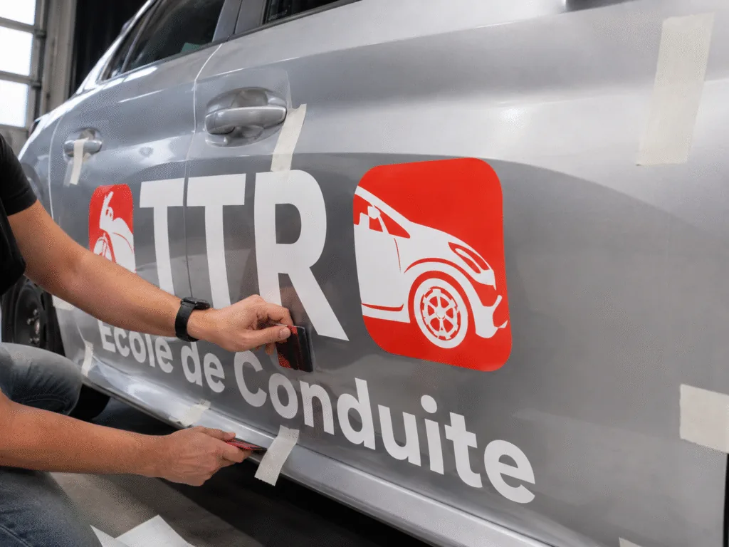 Pose en cours du marquage publicitaire TTR École de Conduite sur une Peugeot 208 auto-école dans l’atelier ADA Signalétique.