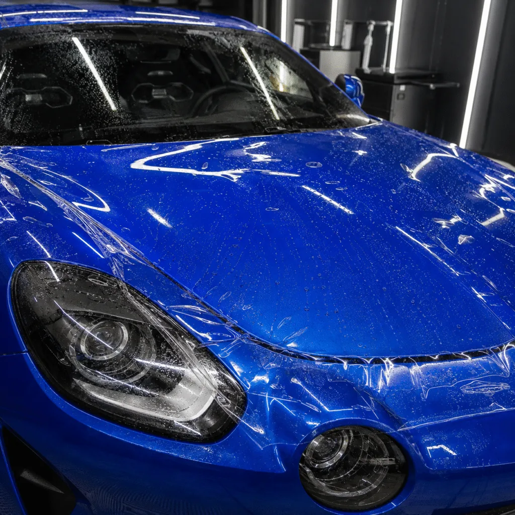 Pose d’un film de protection PPF transparent sur le capot d’une Alpine A110 bleu Alpine dans l’atelier ADA Signalétique.